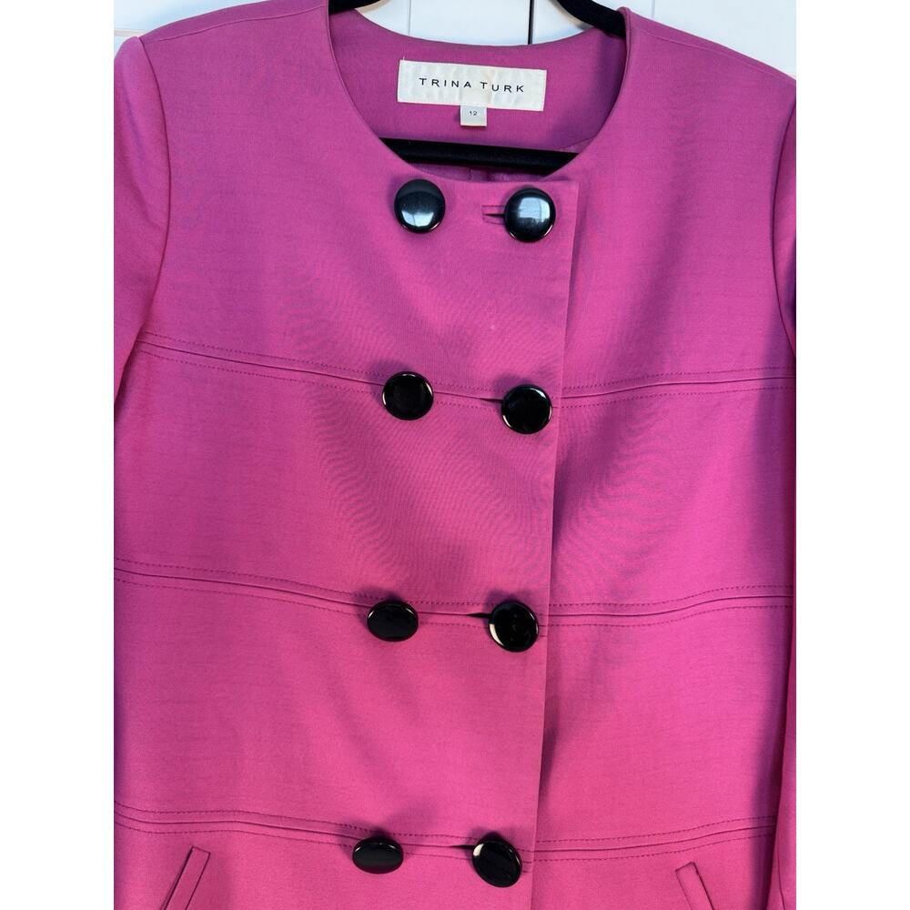 Trina Turk Fuchsia Trench Coat Size 12 Double Breasted Designer Statement - Picture 3 of 14